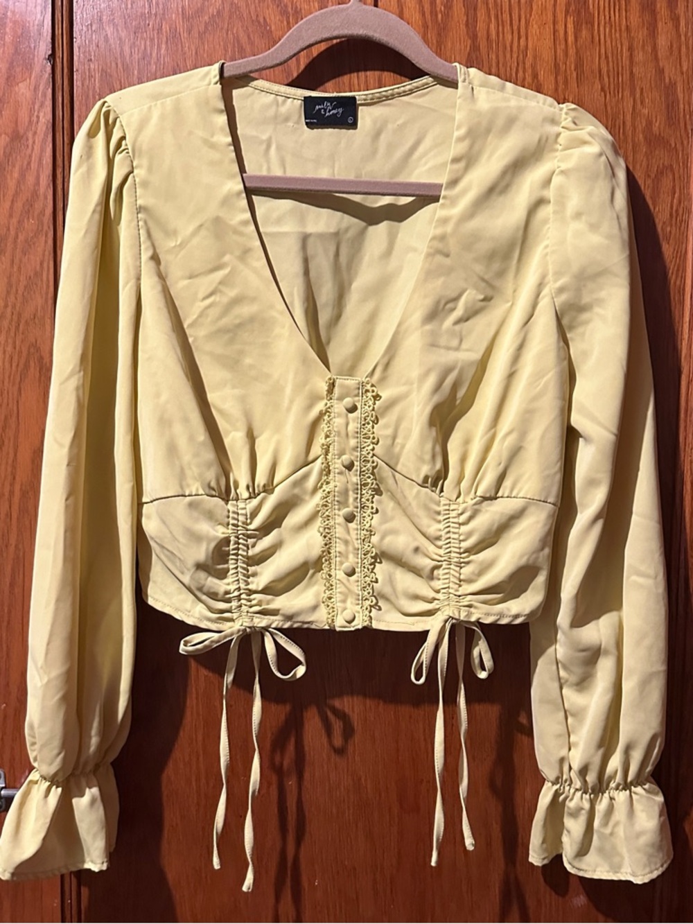 Vero Moda Pastel Yellow Ruched Button-Front Tie Blouse